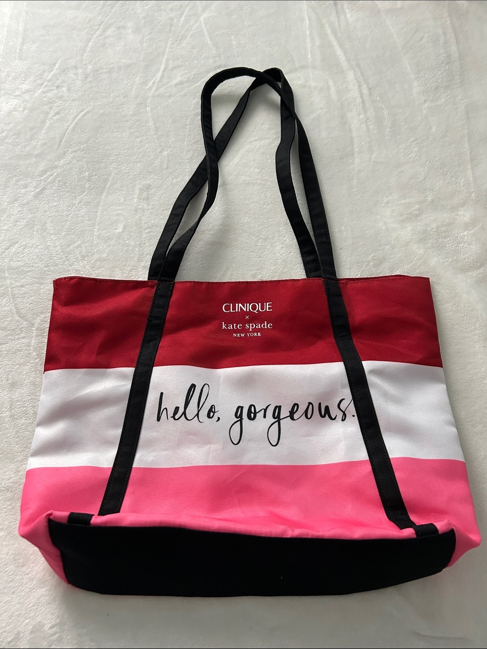 Clinique Striped 'Hello, Gorgeous' Tote in Red, White & Pink with Black Handles